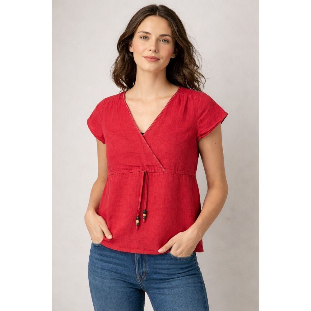 Boden Red Linen V Neck Blouse Drawstring Waist Women’s US 6